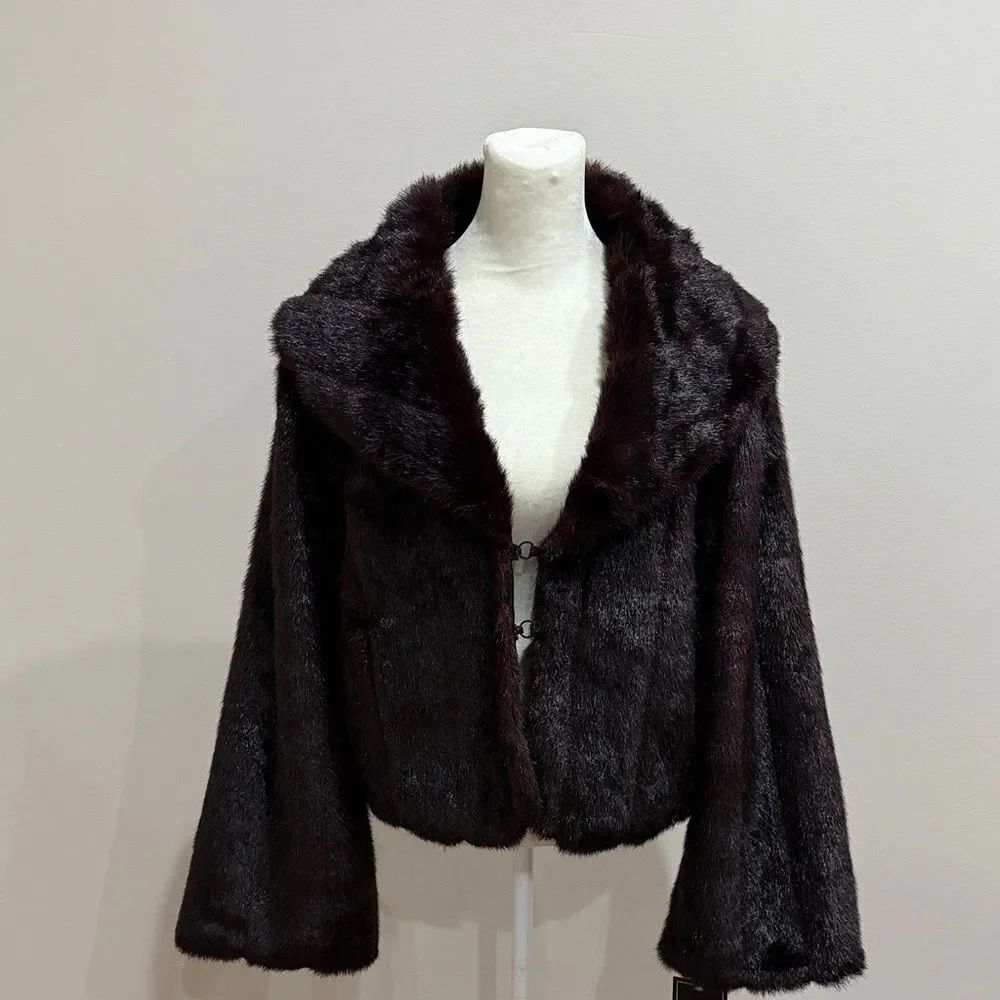 Fuda Elegant Faux Fur Jacket - Deep Burgundy/Brown Size Small New with Tags